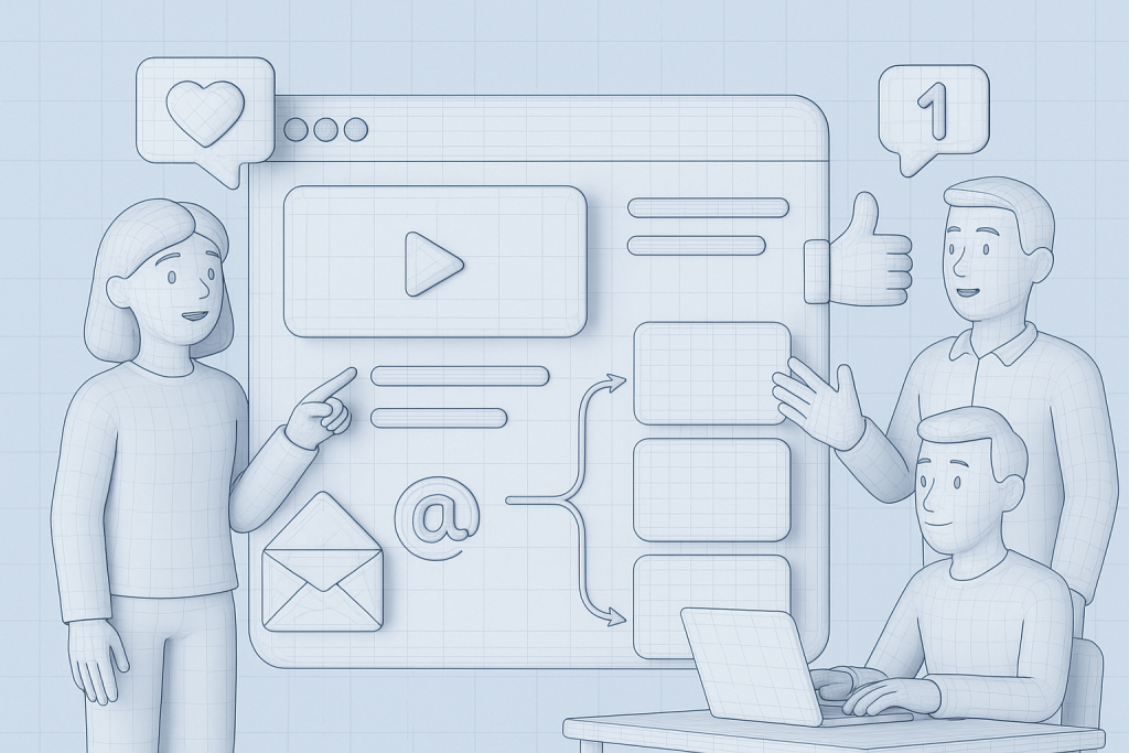 Illustration of graphic showing blog post flow in a digital dashboard interface setting, with a creative mood.