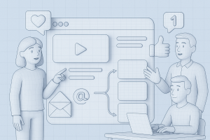 Illustration of graphic showing blog post flow in a digital dashboard interface setting, with a creative mood.