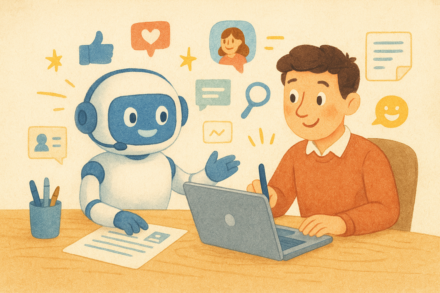 Illustration of ai bot assisting marketer in a minimal office desk setting, with a inspired mood.