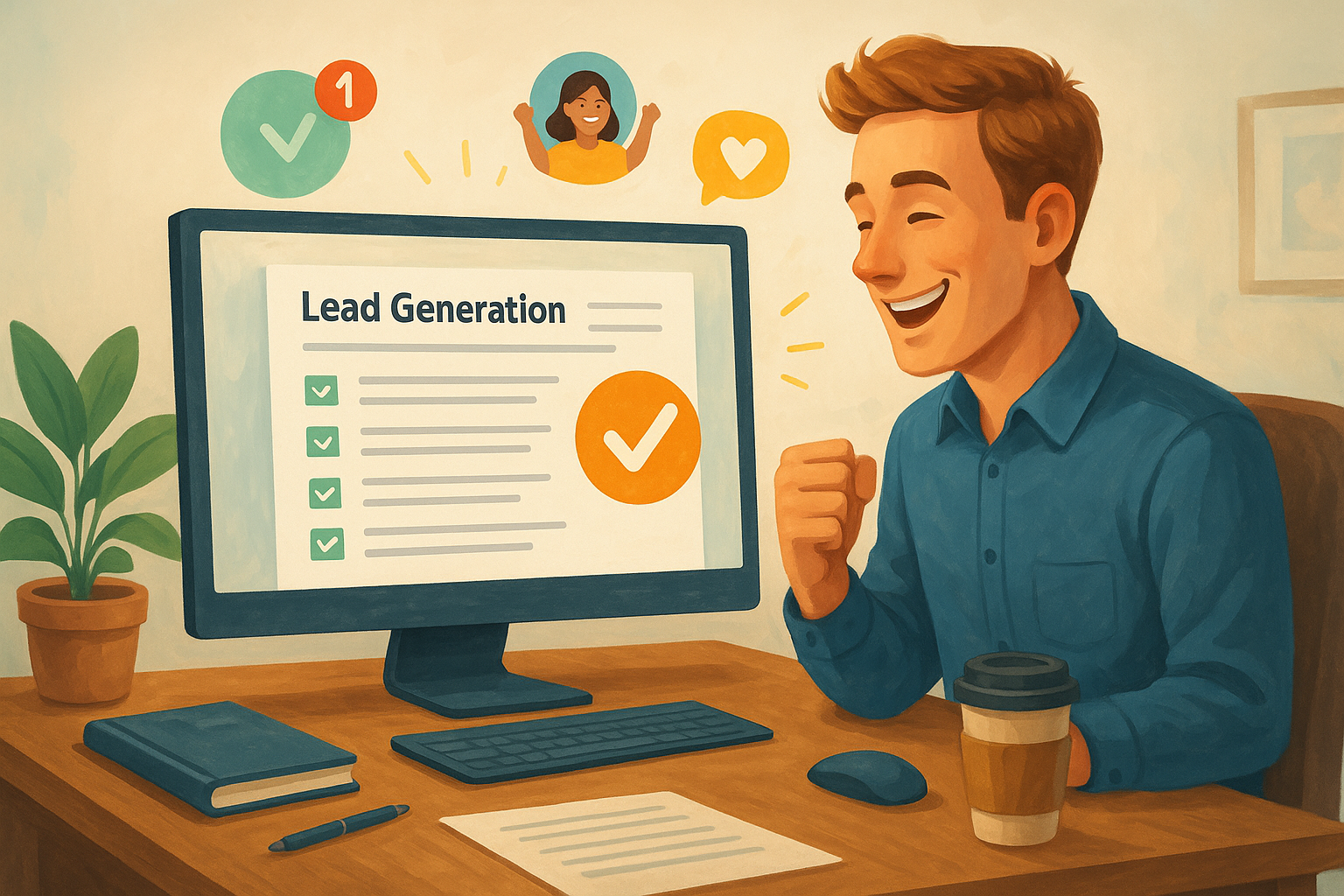 Illustration of computer screen with ai-generated article in a minimal office desk setting, with a happy mood.