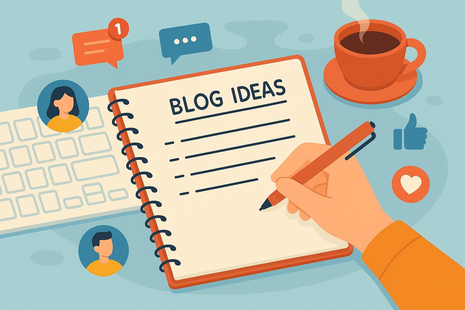 Illustration of open notebook with blog ideas in a keyboard and notebook flatlay setting, with a focused mood.