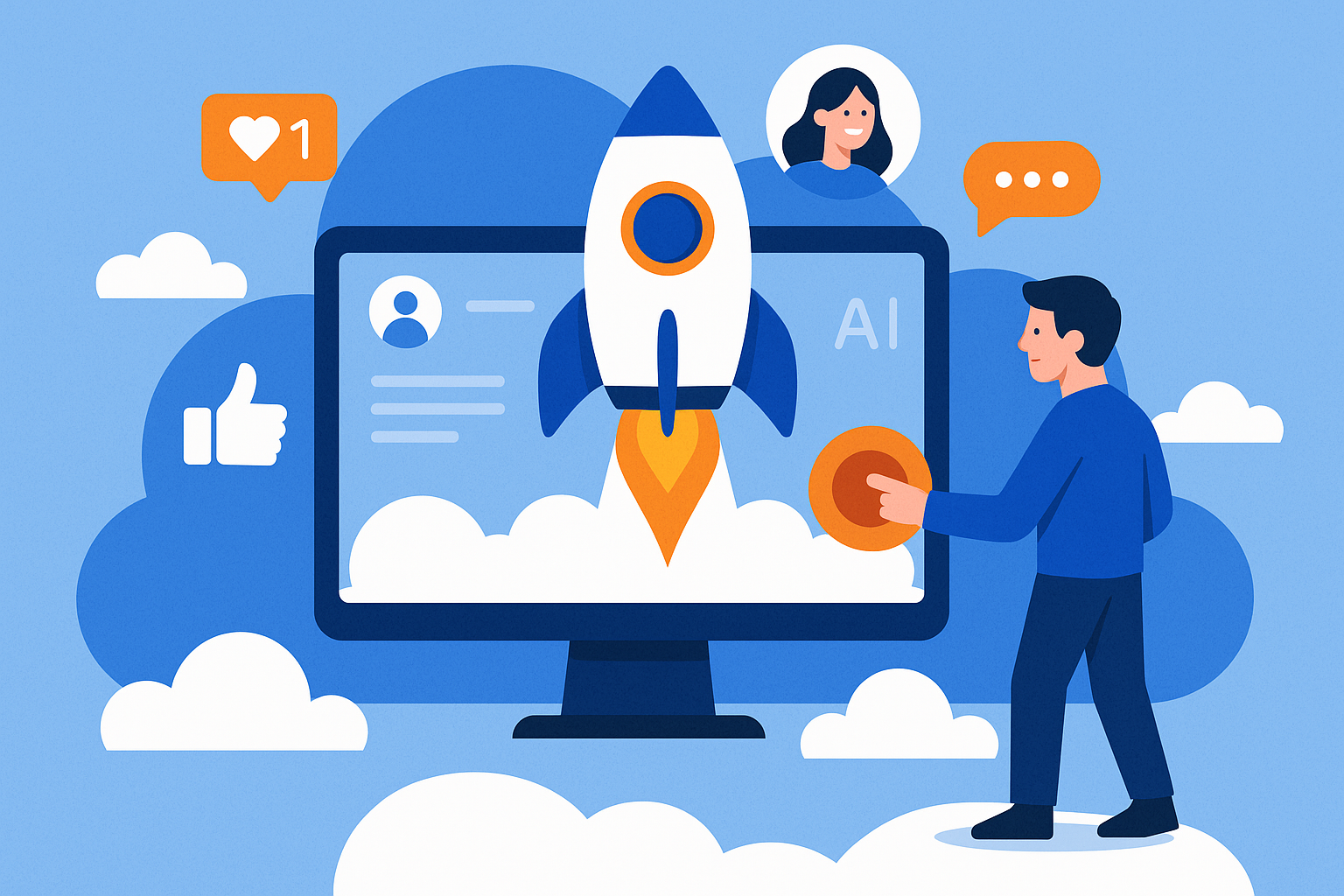 Illustration of individual launching campaign in a cloud-based frameworks setting, with a creative mood.