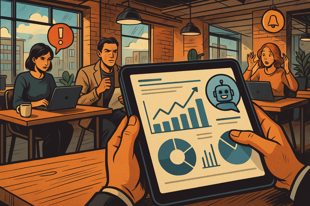 Illustration of hands on tablet showing analytics in a modern co-working spaces setting, with a determined mood.