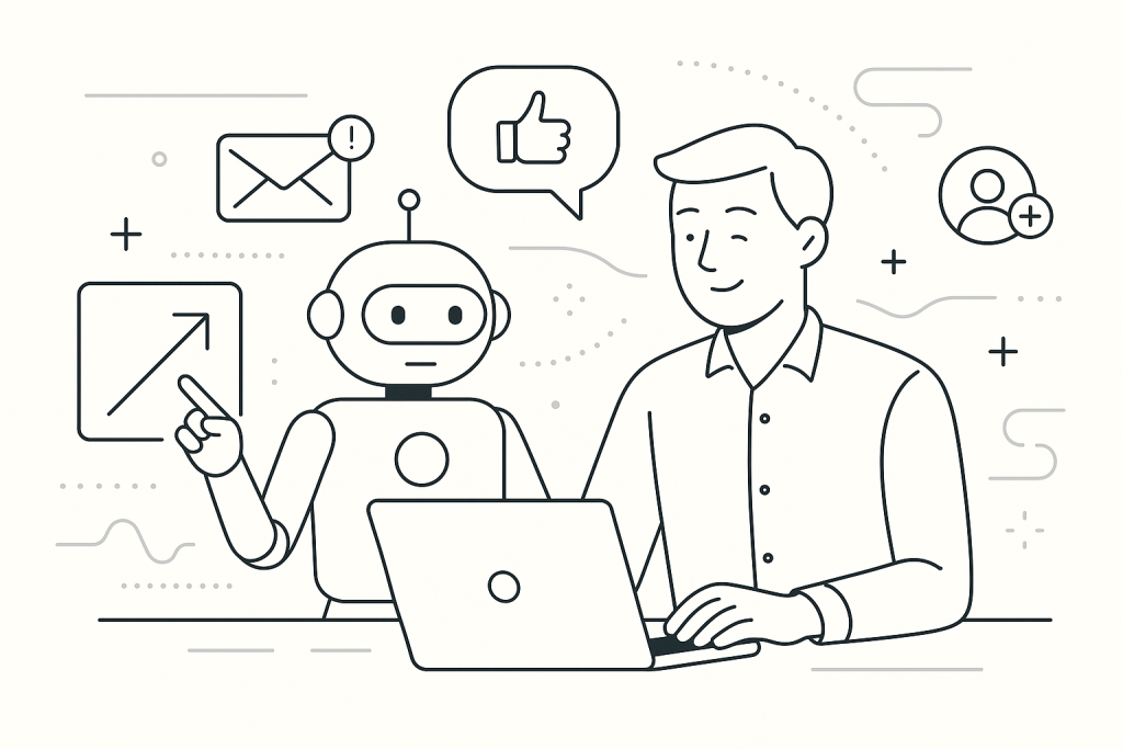 Illustration of ai bot assisting marketer in a abstract tech patterns setting, with a relaxed mood.