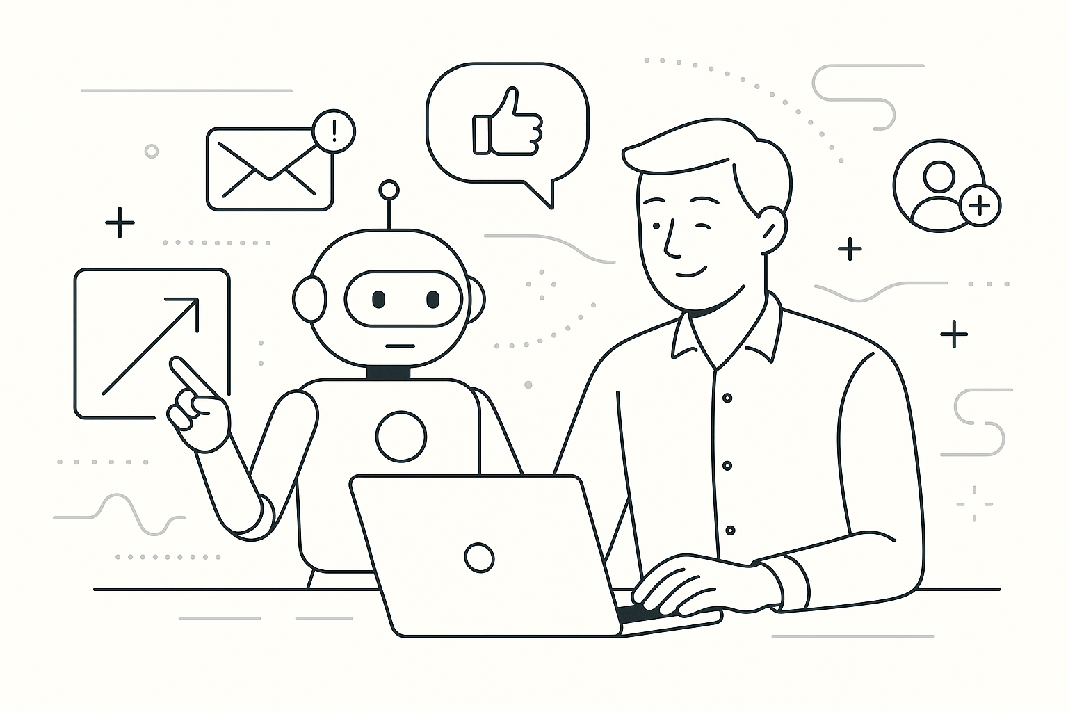 Illustration of ai bot assisting marketer in a abstract tech patterns setting, with a relaxed mood.