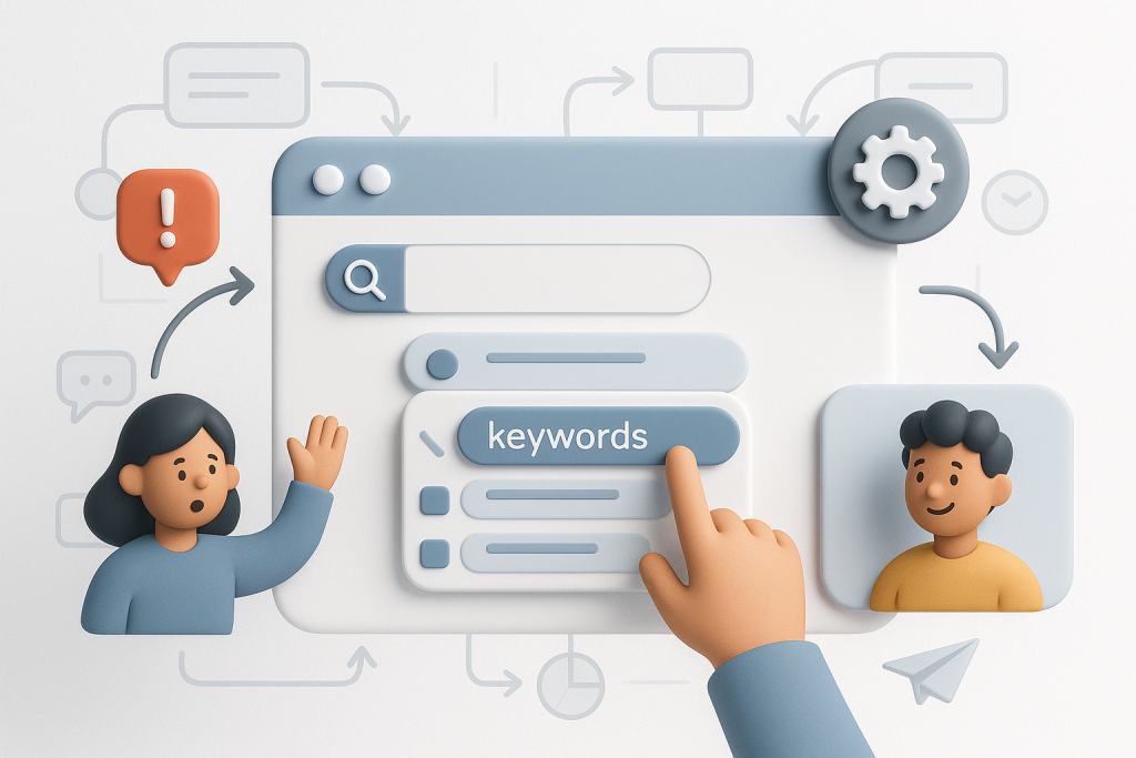 Illustration of user selecting keywords in a whiteboard workflow sketches setting, with a creative mood.