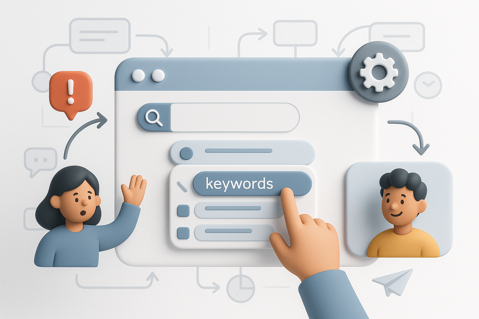 Illustration of user selecting keywords in a whiteboard workflow sketches setting, with a creative mood.