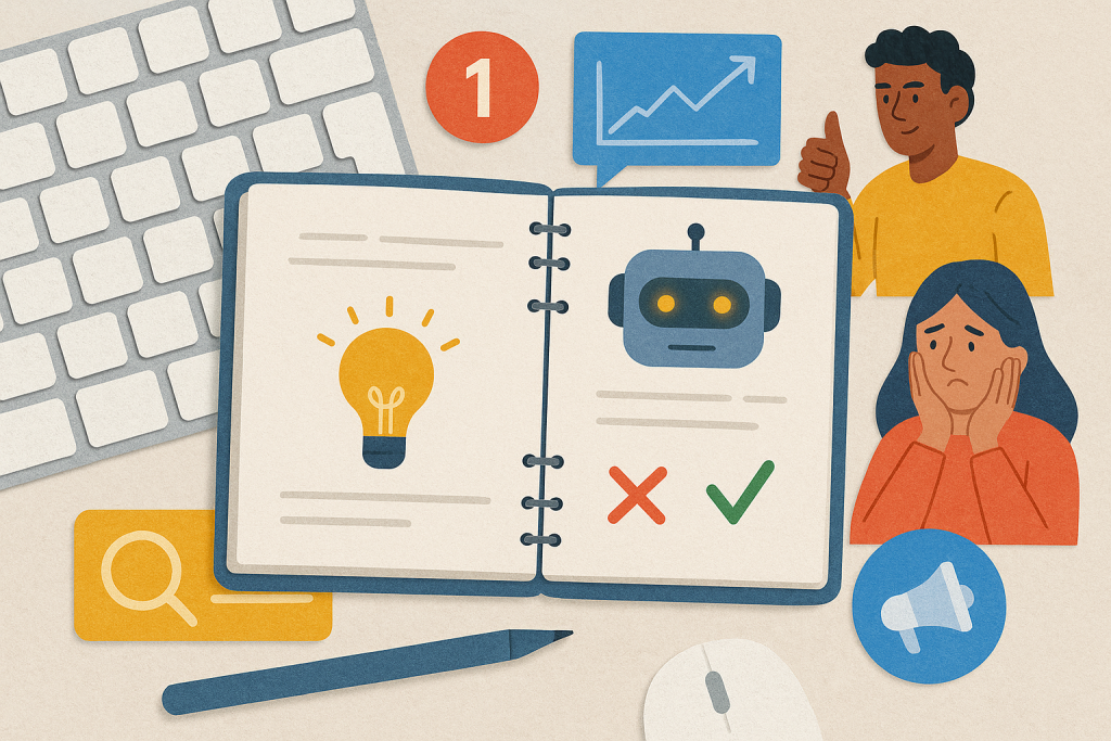 Illustration of open notebook with blog ideas in a keyboard and notebook flatlay setting, with a creative mood.