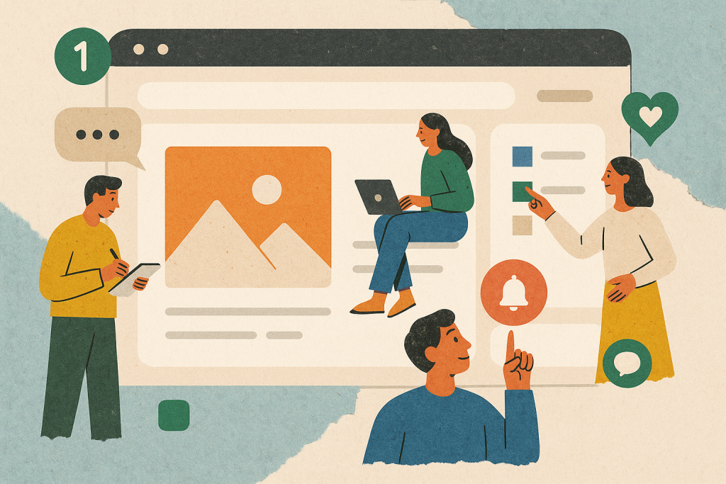 Illustration of team planning content in a digital dashboard interface setting, with a creative mood.