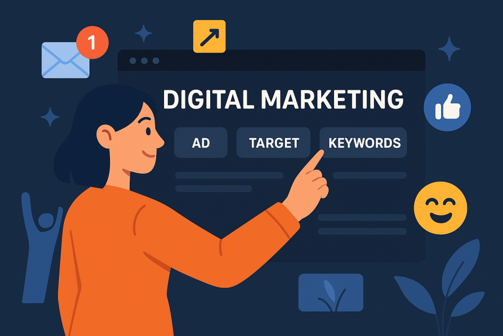 Illustration of user selecting keywords in a dark mode user interface setting, with a inspired mood.