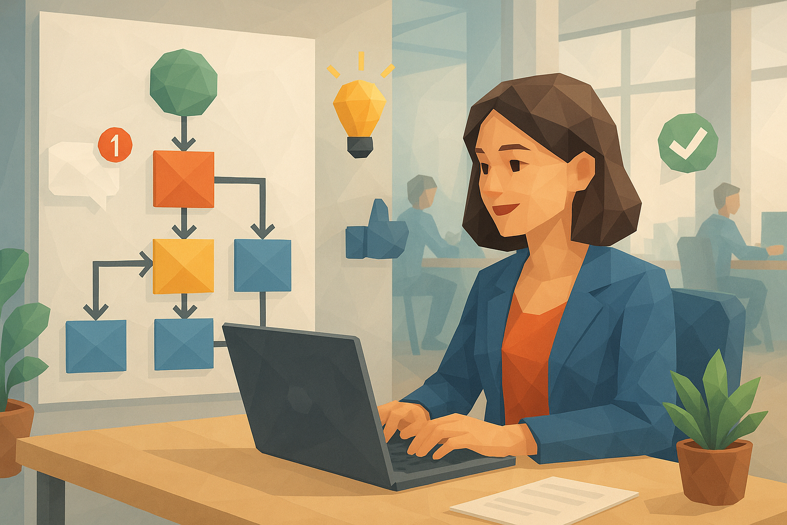 Illustration of graphic showing blog post flow in a modern co-working spaces setting, with a happy mood.
