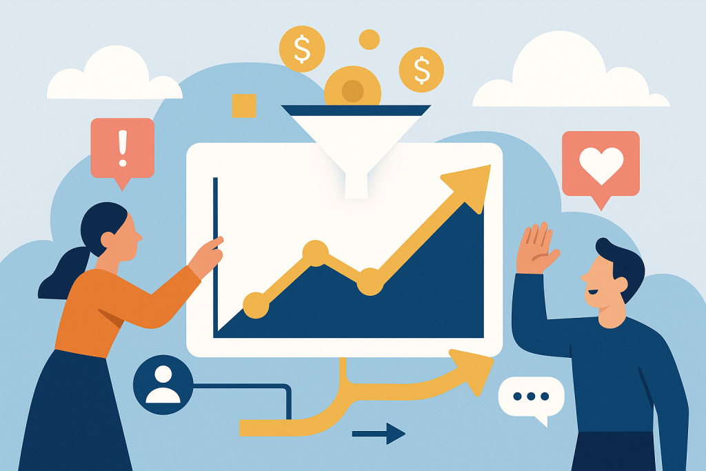 Illustration of graphic showing blog post flow in a cloud-based frameworks setting, with a creative mood.