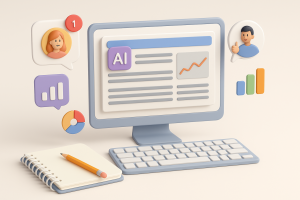 Illustration of computer screen with ai-generated article in a keyboard and notebook flatlay setting, with a creative mood.