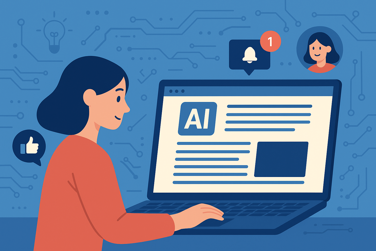 Illustration of computer screen with ai-generated article in a abstract tech patterns setting, with a focused mood.