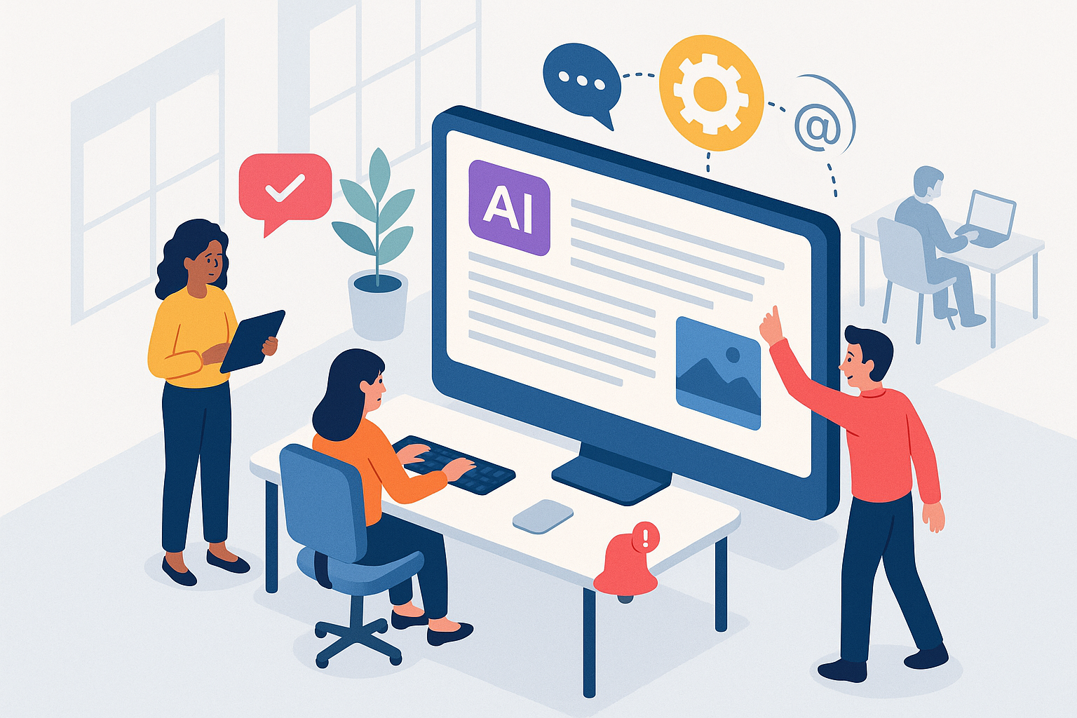 Illustration of computer screen with ai-generated article in a modern co-working spaces setting, with a determined mood.