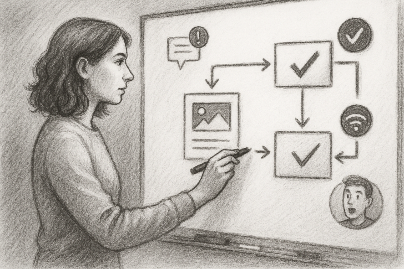 Illustration of graphic showing blog post flow in a whiteboard workflow sketches setting, with a focused mood.