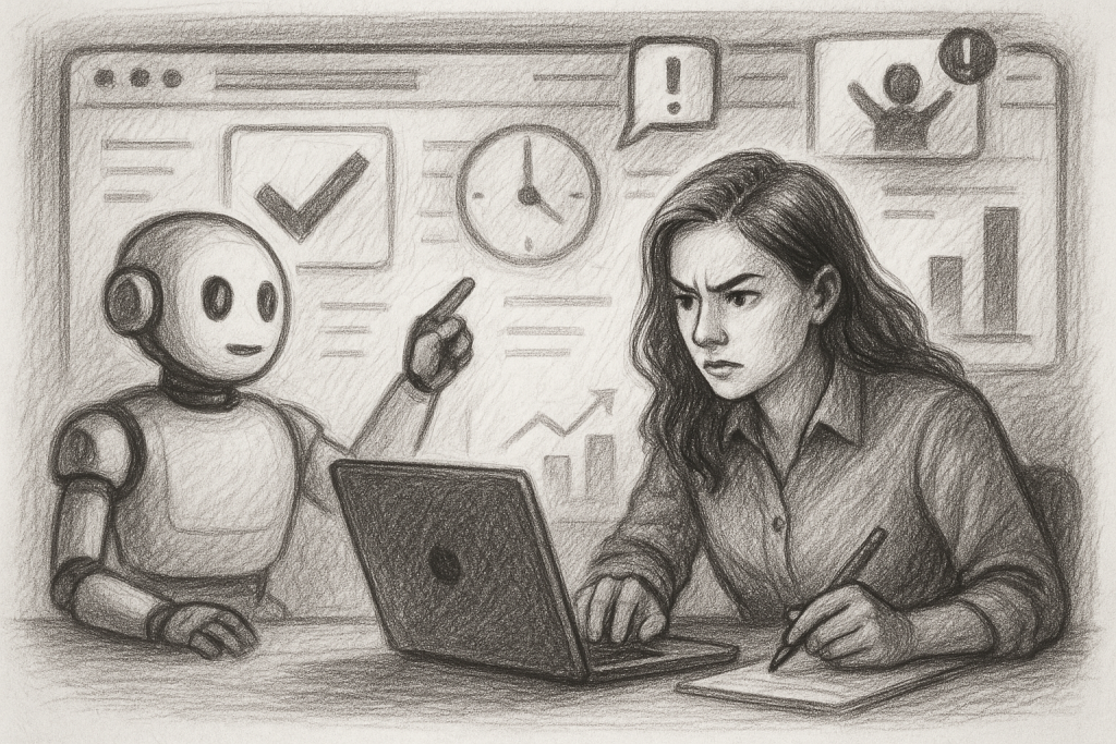 Illustration of ai bot assisting marketer in a digital dashboard interface setting, with a determined mood.