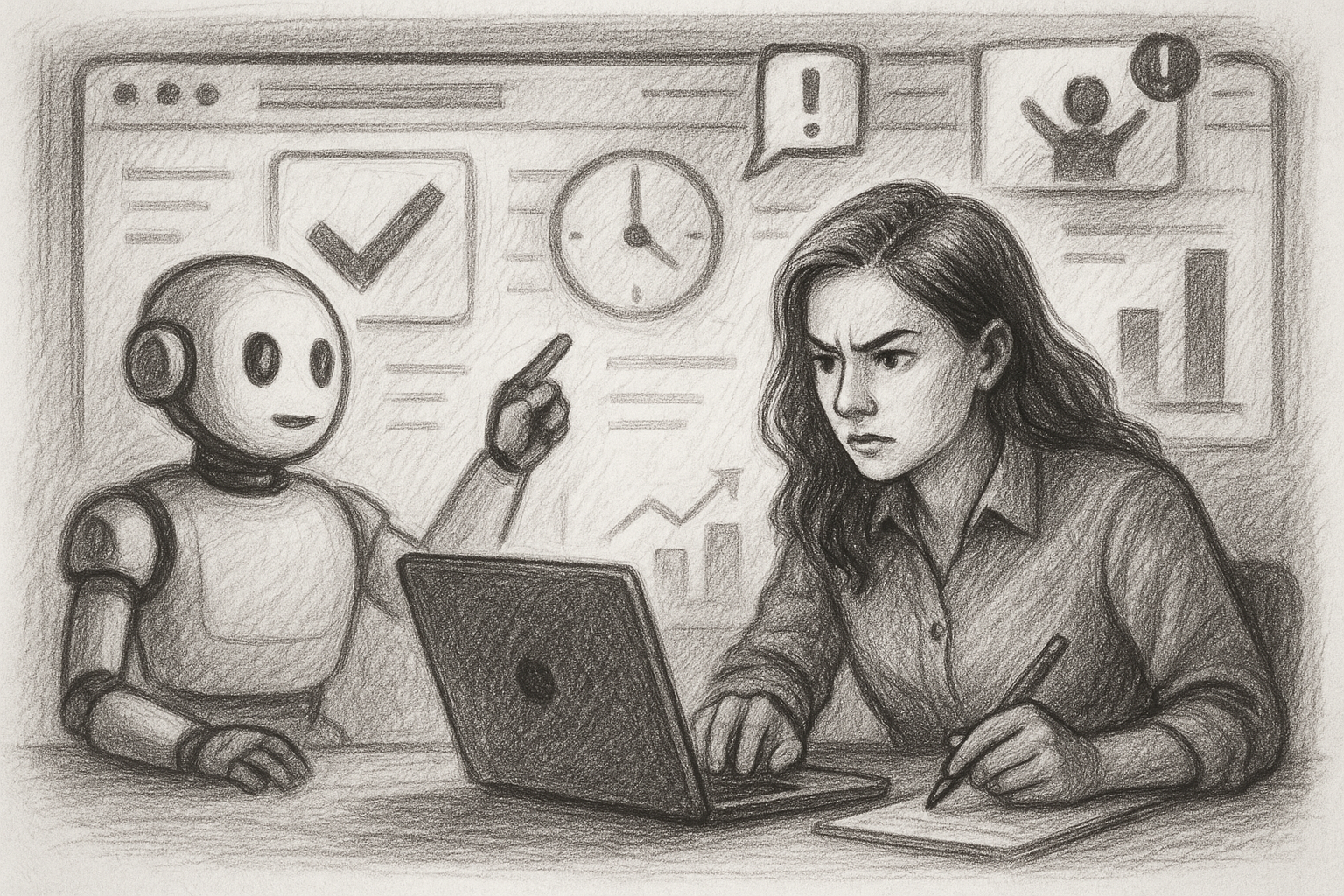 Illustration of ai bot assisting marketer in a digital dashboard interface setting, with a determined mood.