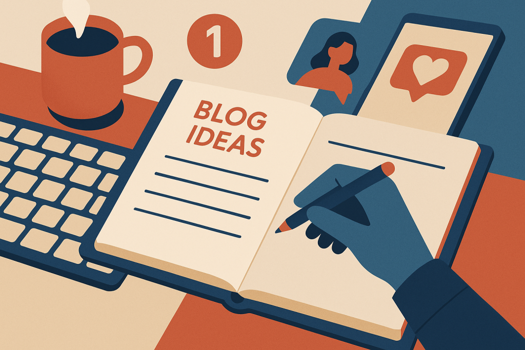 Illustration of open notebook with blog ideas in a keyboard and notebook flatlay setting, with a determined mood.