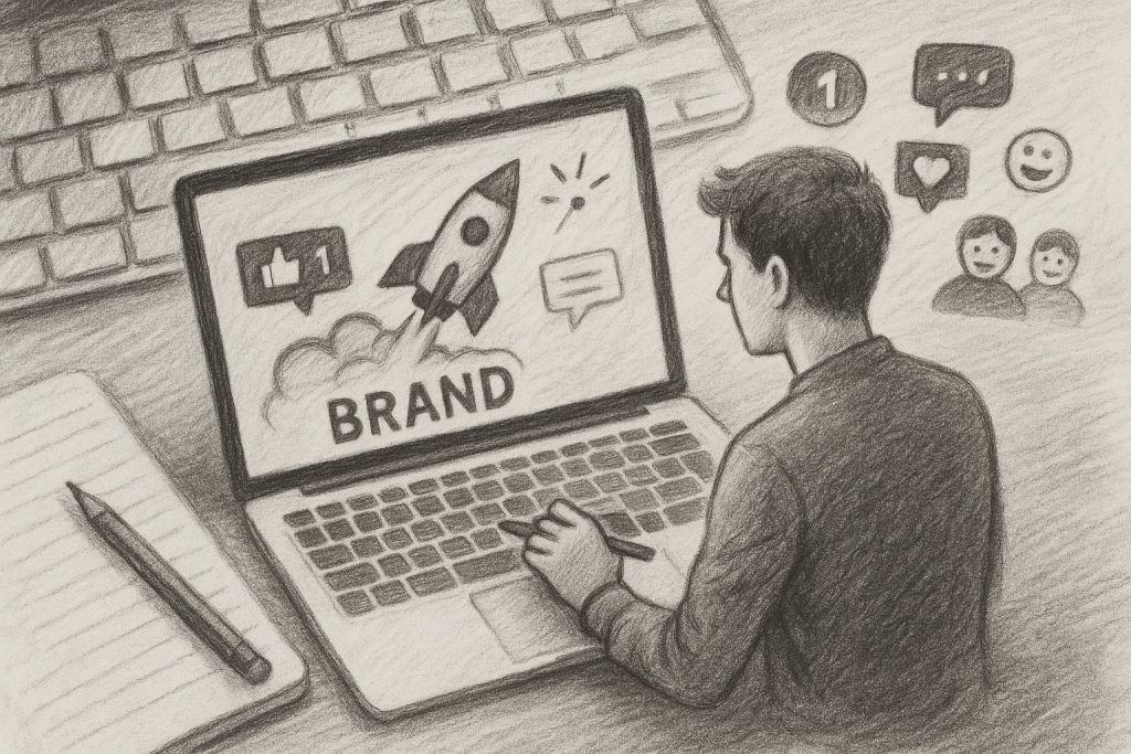 Illustration of individual launching campaign in a keyboard and notebook flatlay setting, with a focused mood.