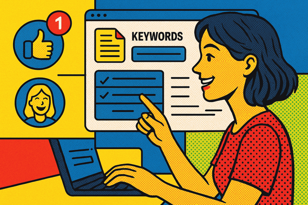 Illustration of user selecting keywords in a digital dashboard interface setting, with a happy mood.