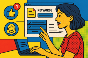 Illustration of user selecting keywords in a digital dashboard interface setting, with a happy mood.