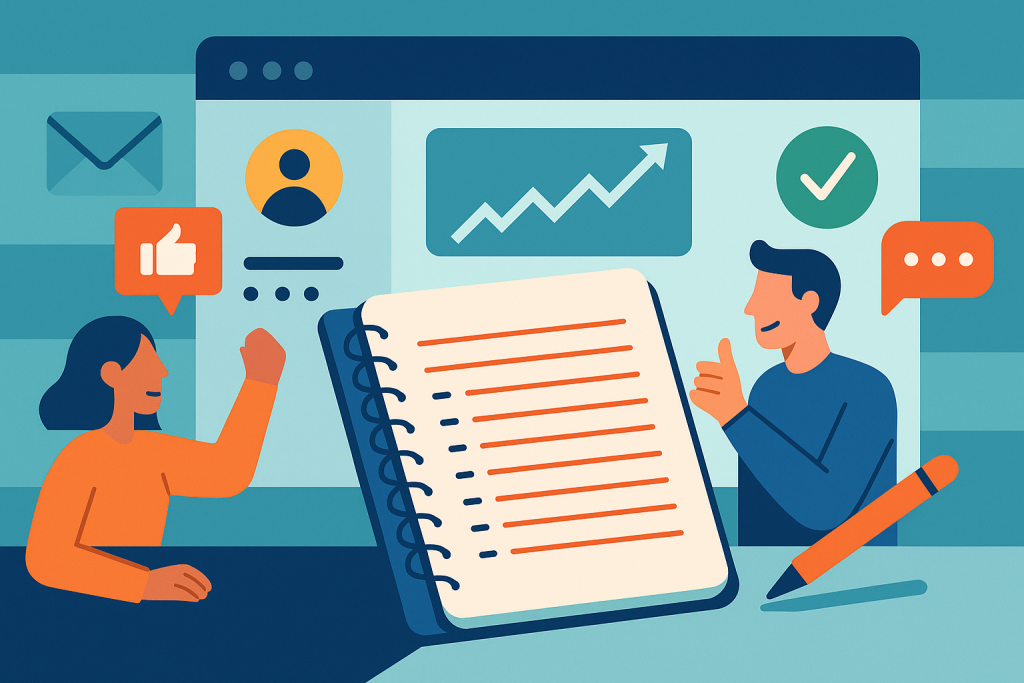 Illustration of open notebook with blog ideas in a digital dashboard interface setting, with a inspired mood.