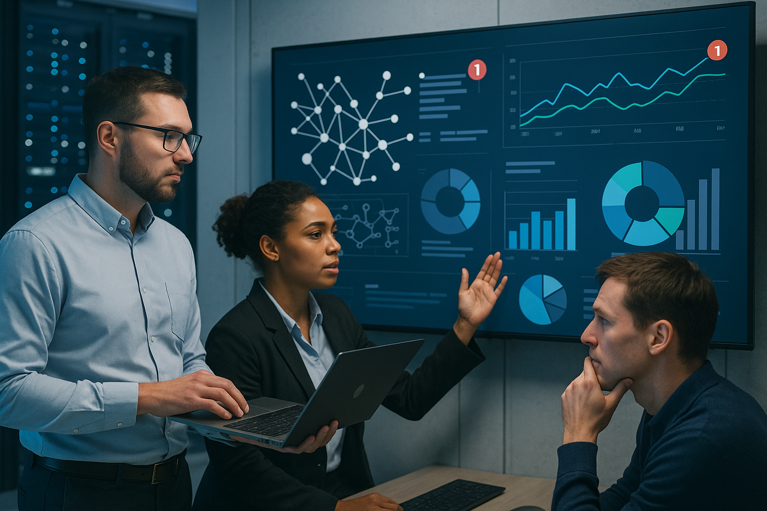 Illustration of network diagrams and charts in a data center interior setting, with a focused mood.