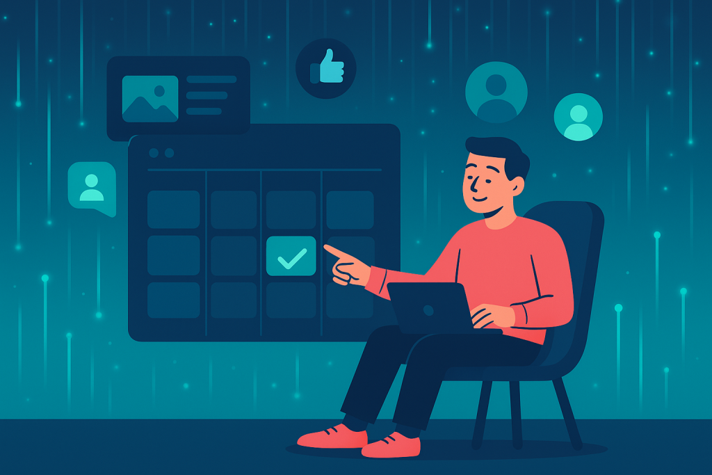 Illustration of marketer scheduling content in a neon data streams setting, with a relaxed mood.