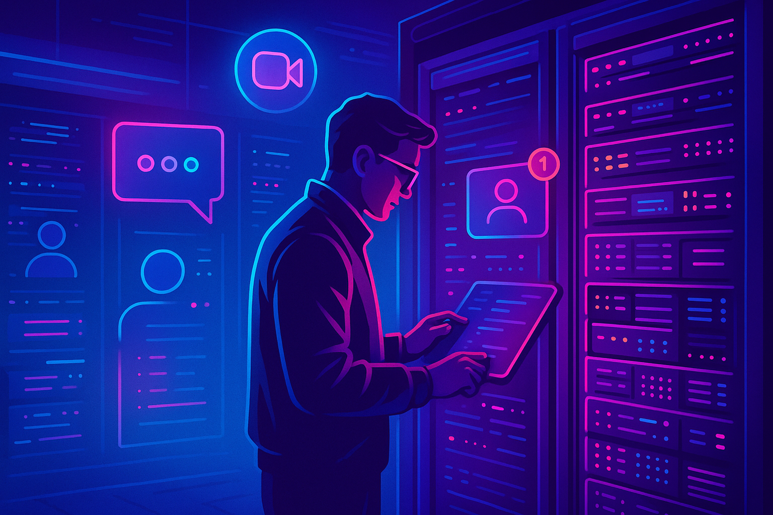 Illustration of engineer configuring a server in a server room lights setting, with a focused mood.