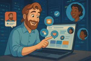 Illustration of software interface on screen in a server room lights setting, with a relaxed mood.