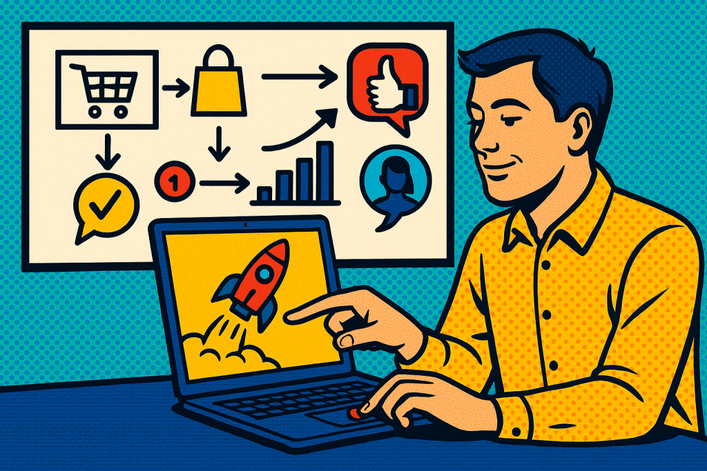 Illustration of individual launching campaign in a whiteboard workflow sketches setting, with a relaxed mood.