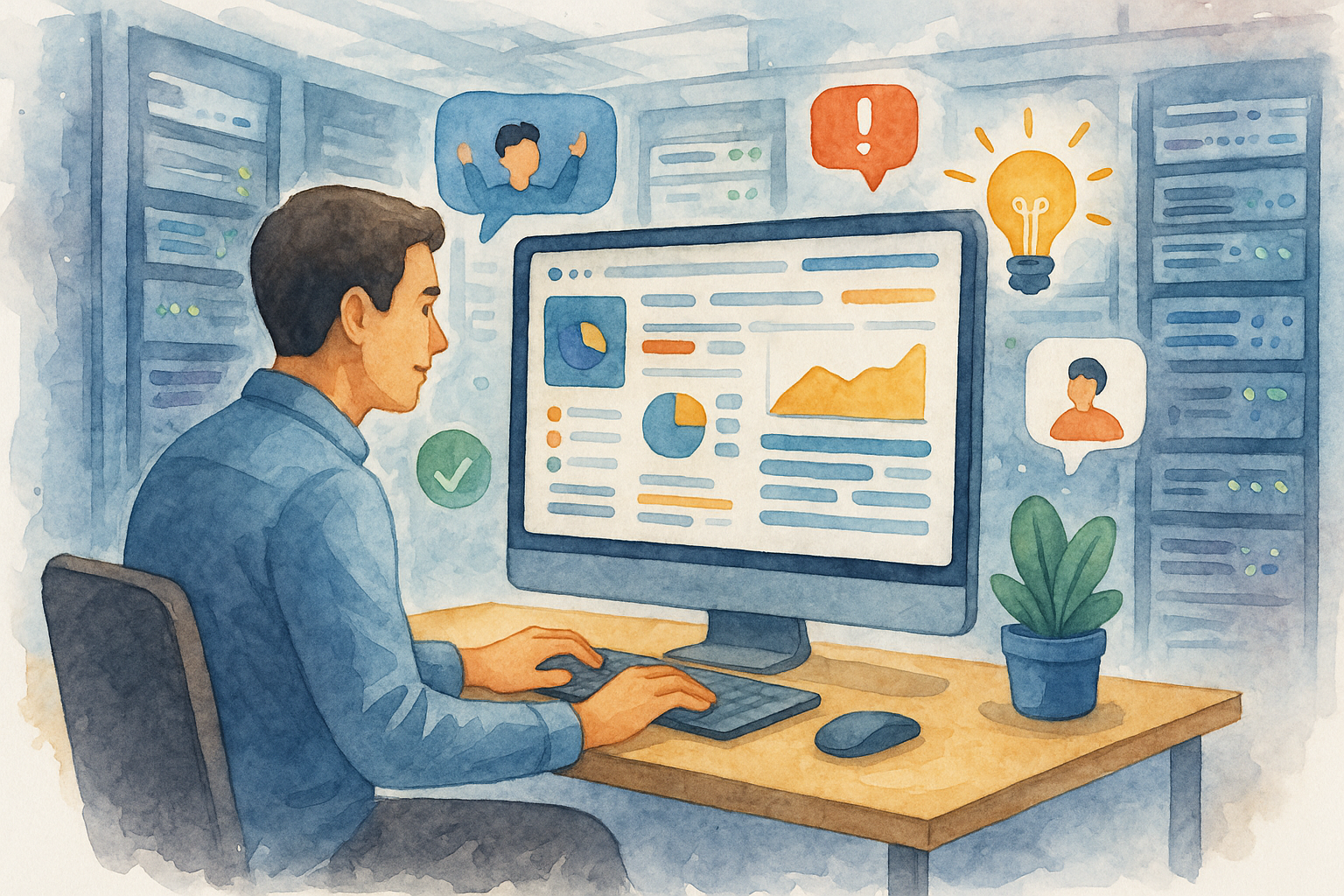 Illustration of software interface on screen in a data center interior setting, with a creative mood.