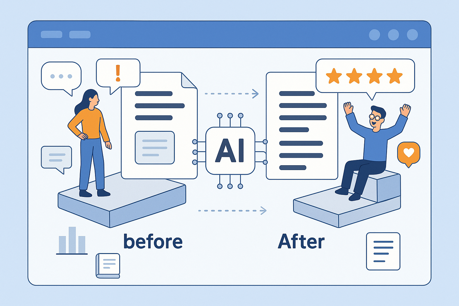 Illustration of graphic showing blog post flow in a digital dashboard interface setting, with a happy mood.