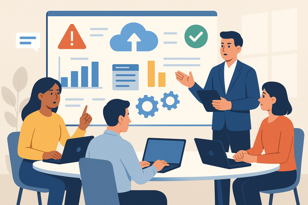 Illustration of it team in a meeting in a corporate workspace setting, with a determined mood.