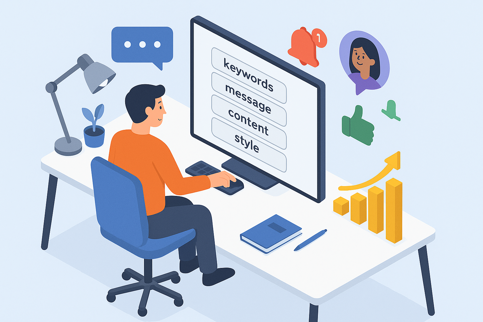 Illustration of user selecting keywords in a minimal office desk setting, with a creative mood.