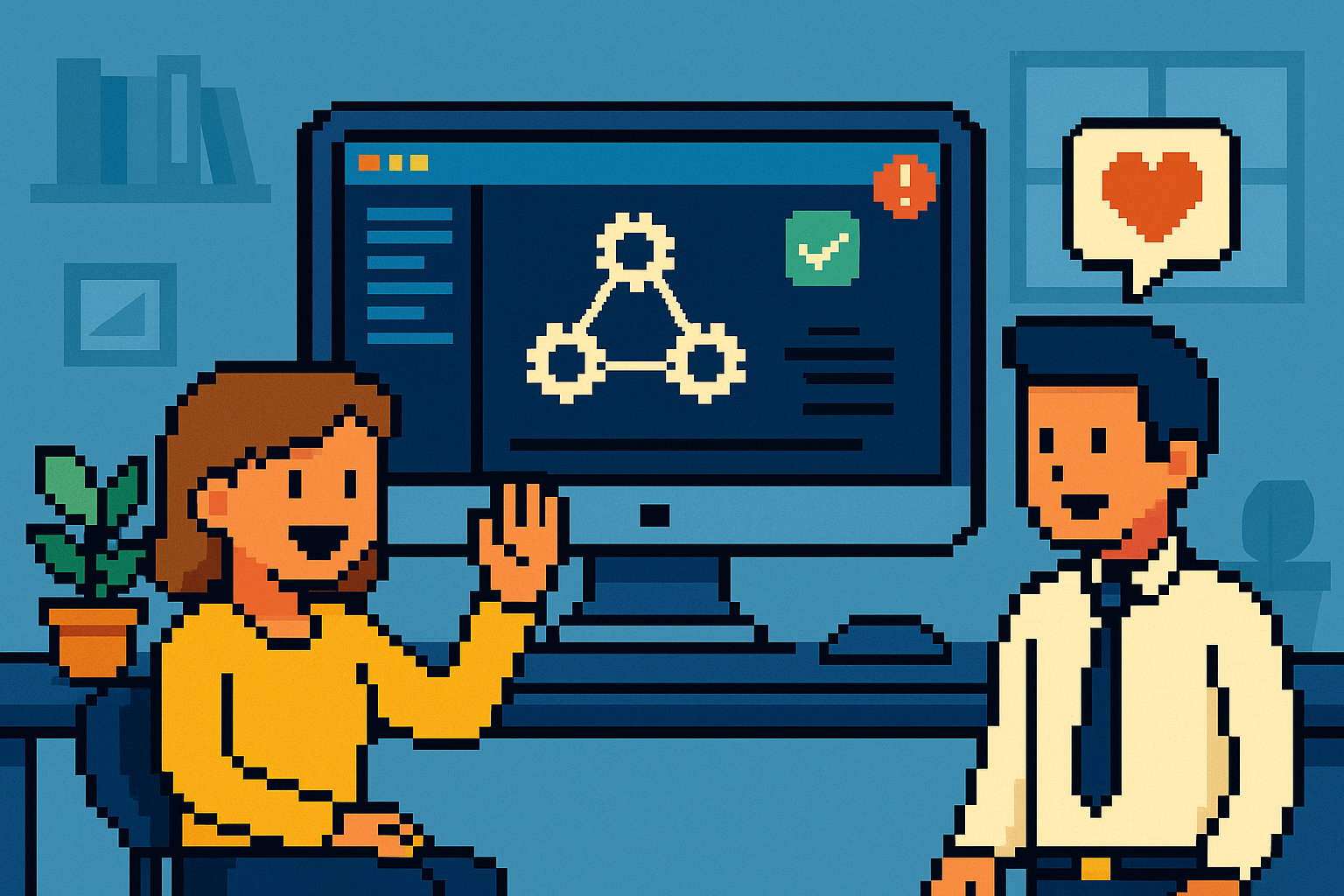 Illustration of software interface on screen in a modern office environment setting, with a happy mood.