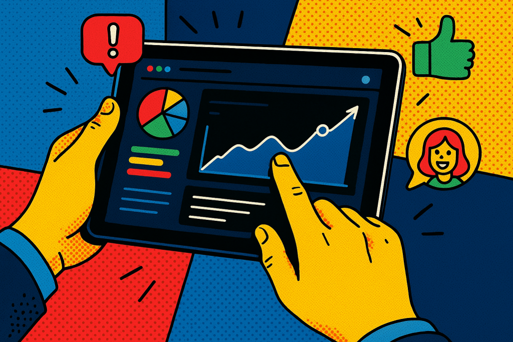 Illustration of hands on tablet showing analytics in a dark mode user interface setting, with a inspired mood.