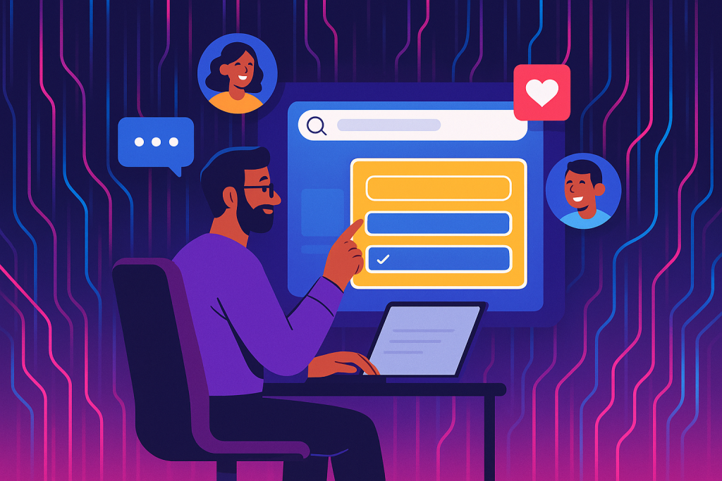 Illustration of user selecting keywords in a neon data streams setting, with a relaxed mood.