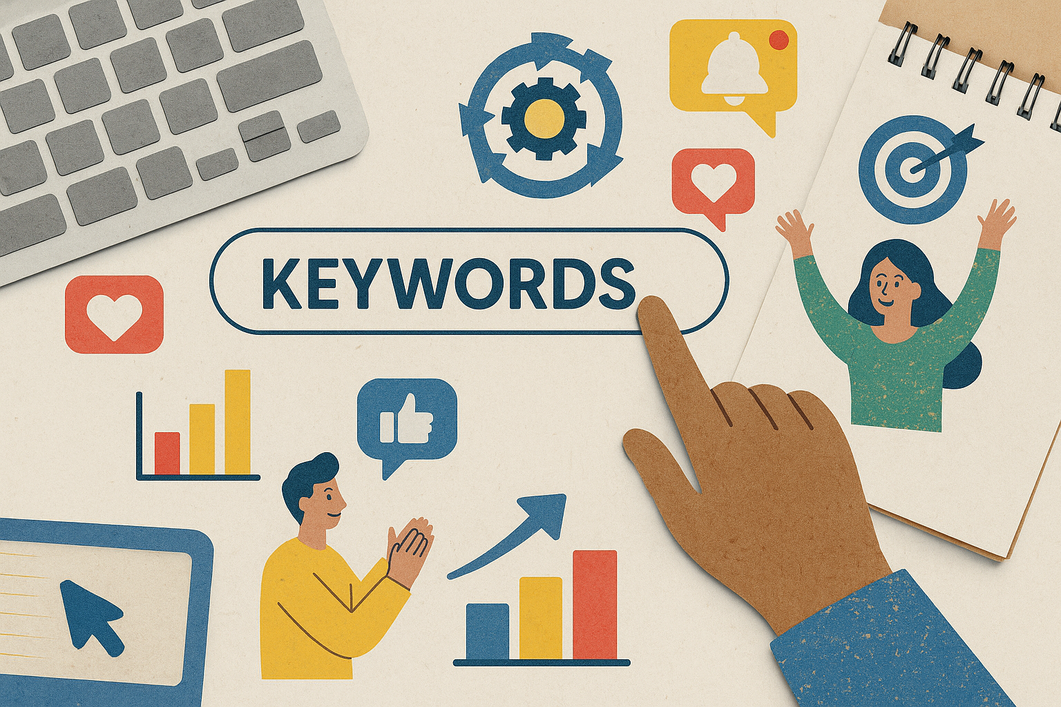 Illustration of user selecting keywords in a keyboard and notebook flatlay setting, with a creative mood.