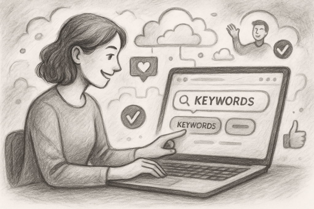 Illustration of user selecting keywords in a cloud-based frameworks setting, with a happy mood.