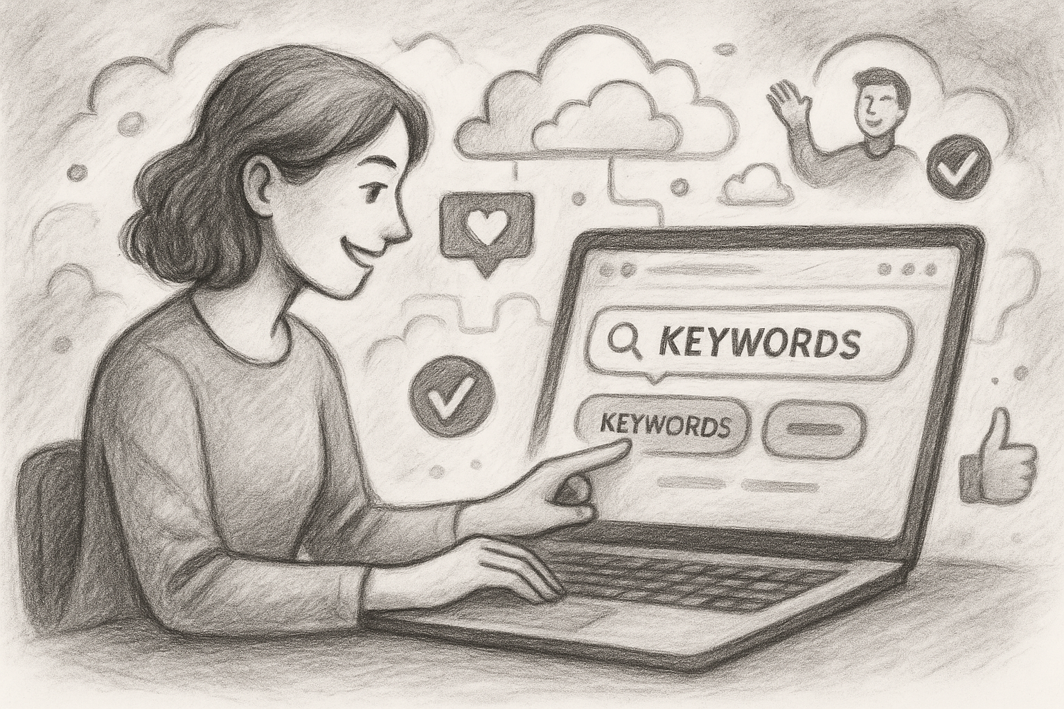 Illustration of user selecting keywords in a cloud-based frameworks setting, with a happy mood.