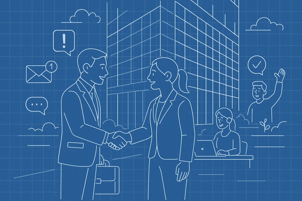 Illustration of client handshake with consultant in a glass skyscraper exterior setting, with a relaxed mood.