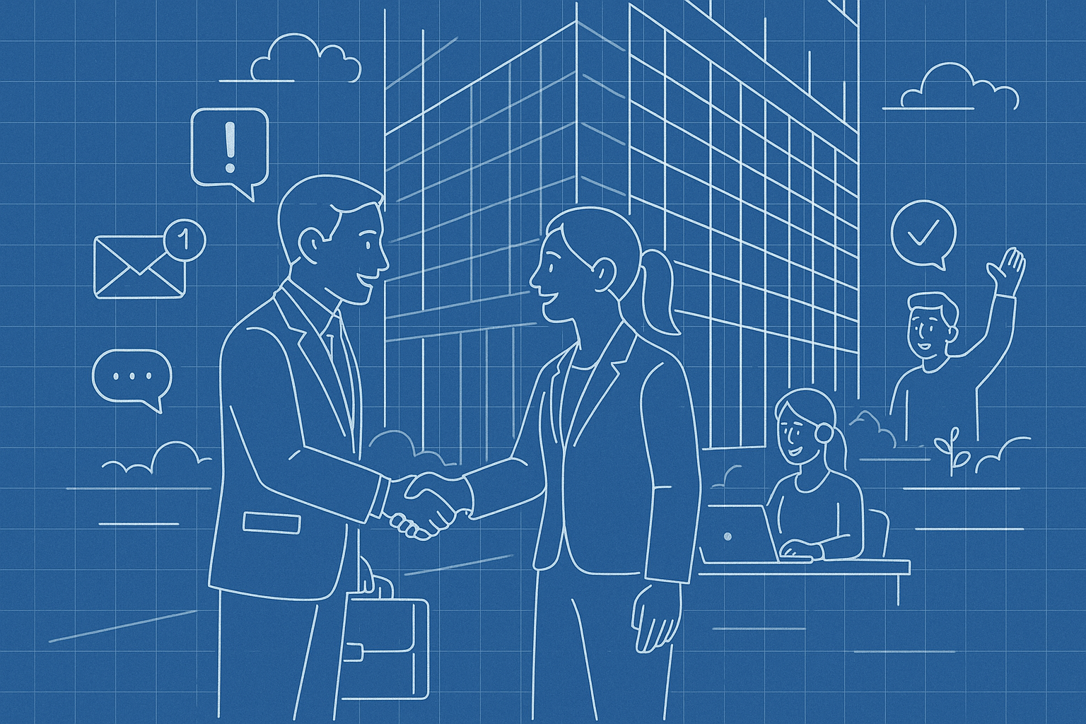 Illustration of client handshake with consultant in a glass skyscraper exterior setting, with a relaxed mood.