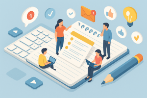 Illustration of team planning content in a keyboard and notebook flatlay setting, with a relaxed mood.