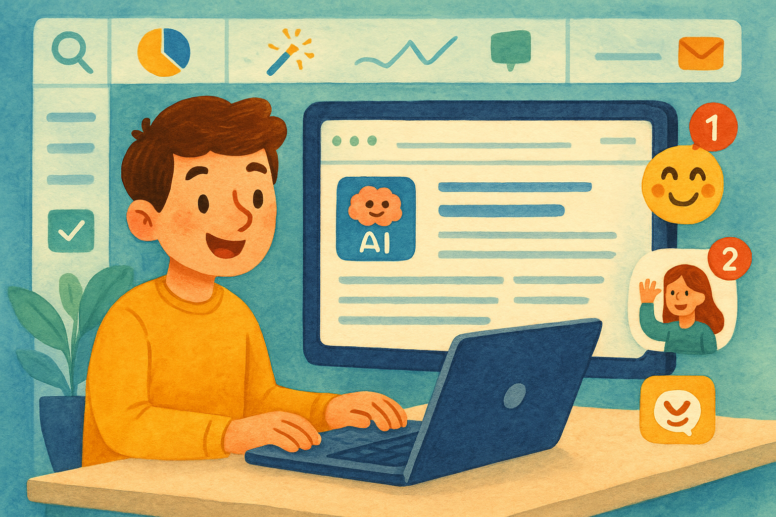 Illustration of computer screen with ai-generated article in a digital dashboard interface setting, with a happy mood.