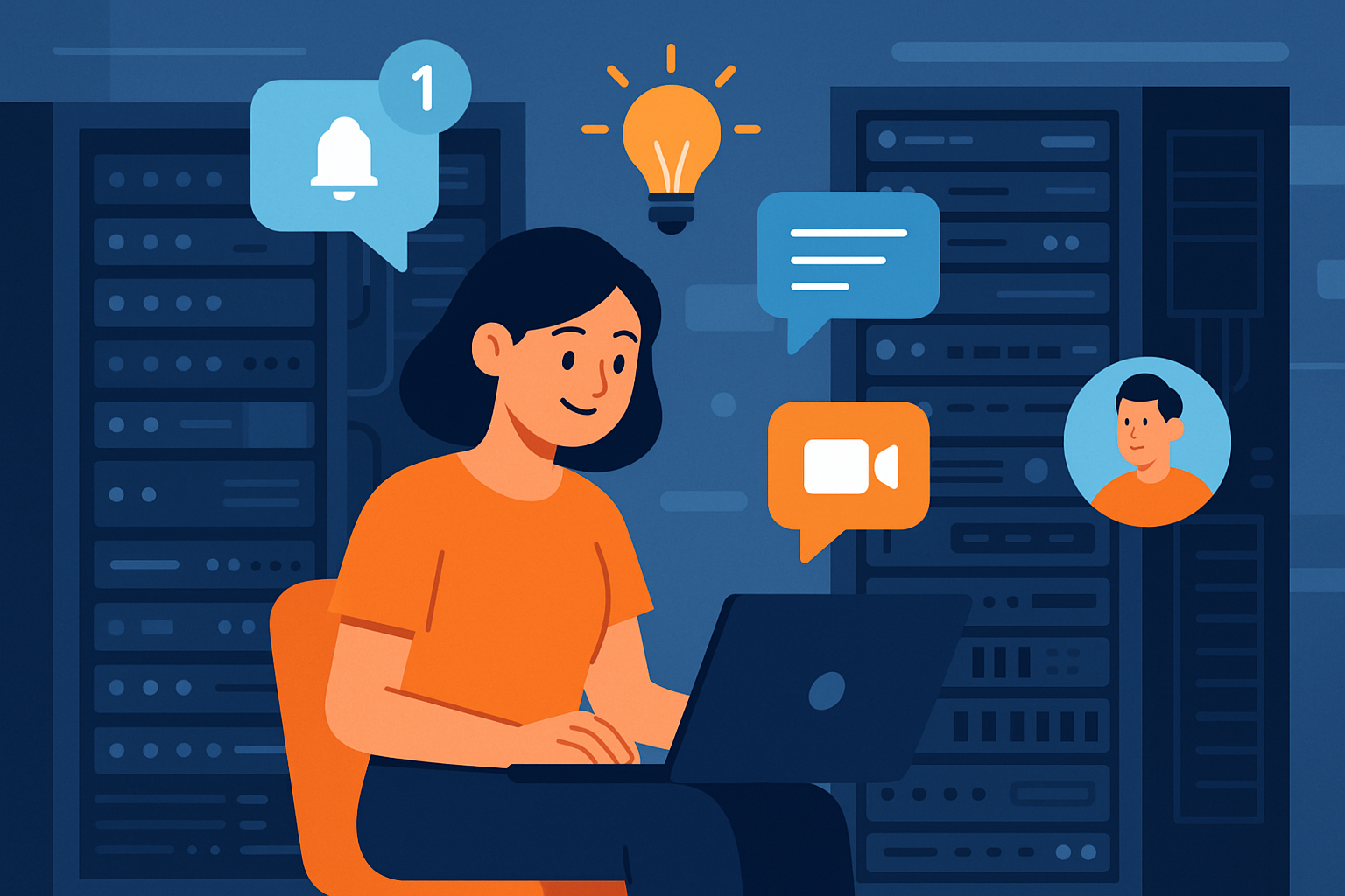 Illustration of server racks and hardware in a server room lights setting, with a creative mood.