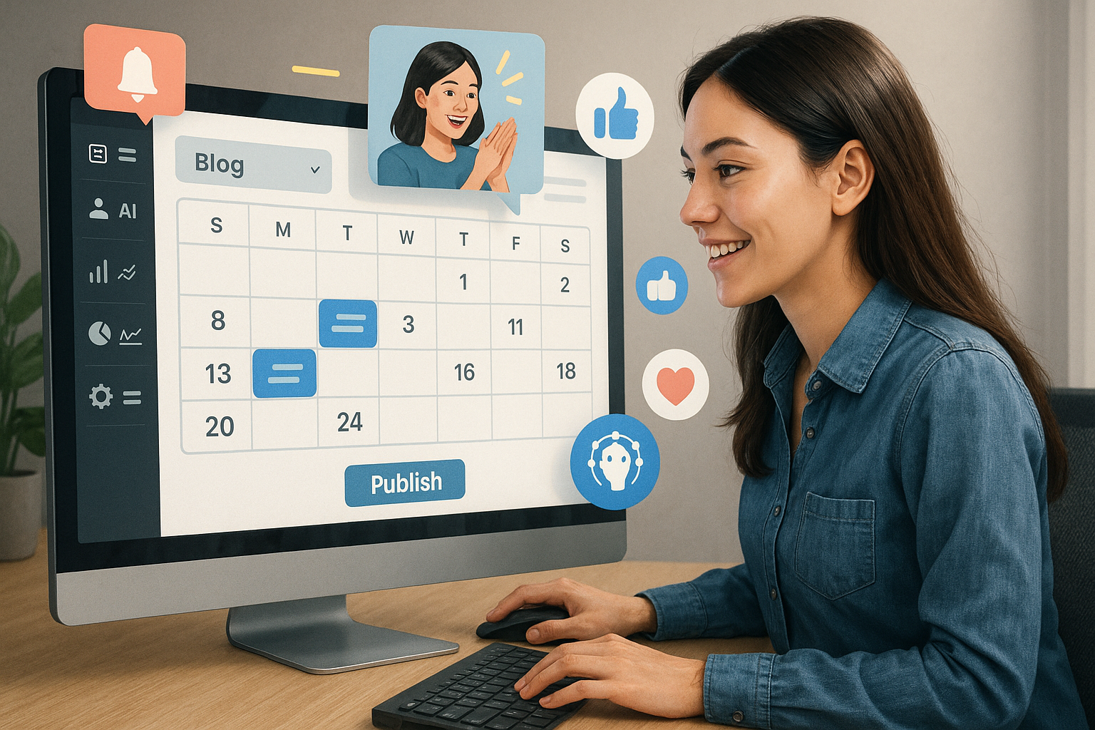 Illustration of marketer scheduling content in a digital dashboard interface setting, with a inspired mood.