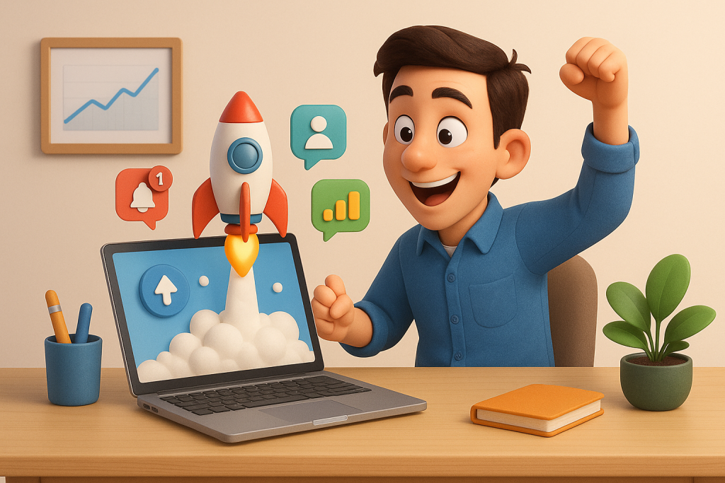 Illustration of individual launching campaign in a minimal office desk setting, with a determined mood.