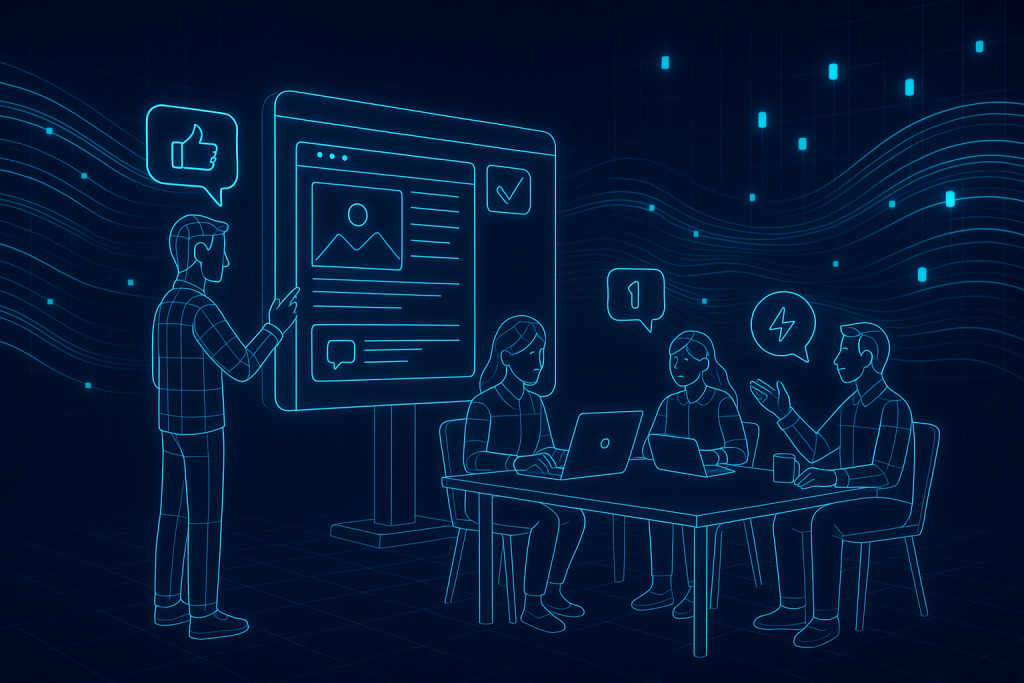 Illustration of team planning content in a neon data streams setting, with a inspired mood.